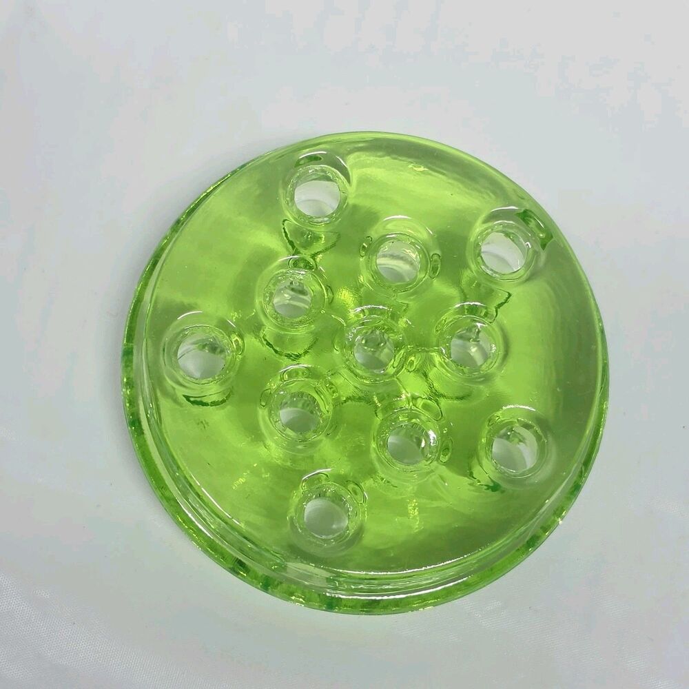 Vaseline Uranium Glass Flower Frog 11 Holes Glows UV Green Vintage 3" Diameter - Picture 9 of 10
